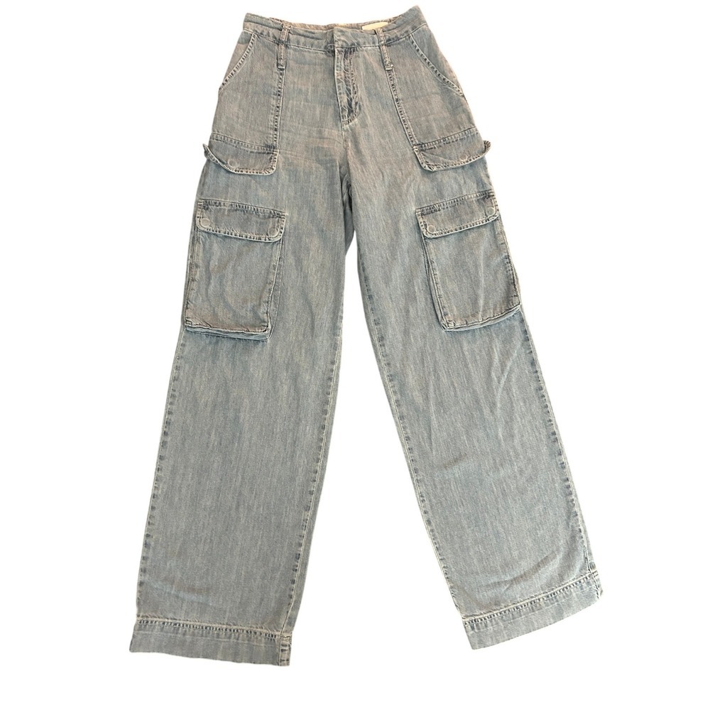 FRAME Rhythm High Rise Wide Leg Cargo Jeans Light Wash Blue Denim (1274)
